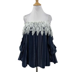 Haute Project Top Womens XL Navy White Striped Lace Off Shoulder Gathered Sleeve